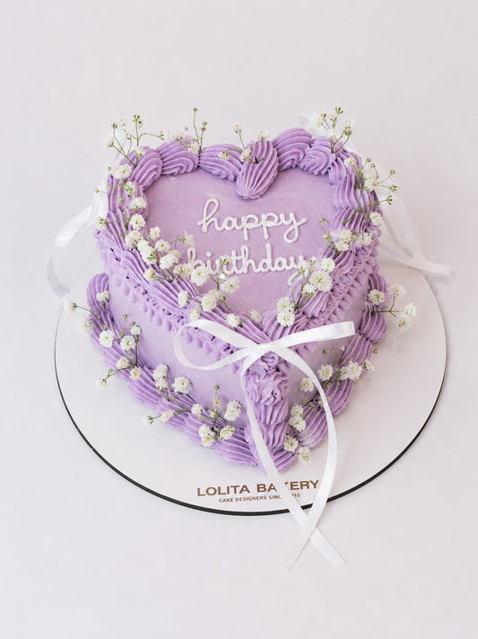 Pastel Corazón Vintage Lila con Flores y Lazos