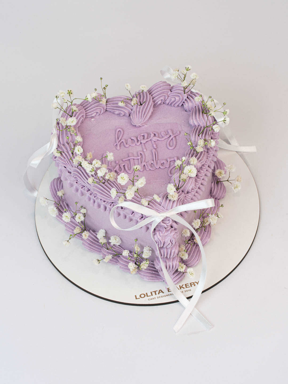 Pastel Corazón Vintage Lila con Flores y Lazos - Lolita Bakery